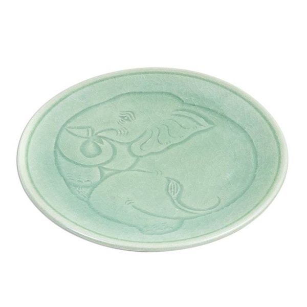Alternate image for Elephant Motif Handcrafted Thai Celadon Dessert Plate Sleeping Elephant