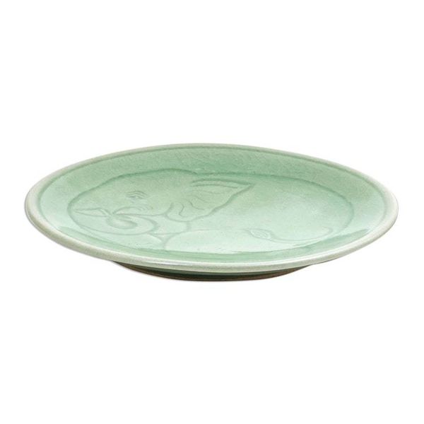 Alternate image for Elephant Motif Handcrafted Thai Celadon Dessert Plate Sleeping Elephant