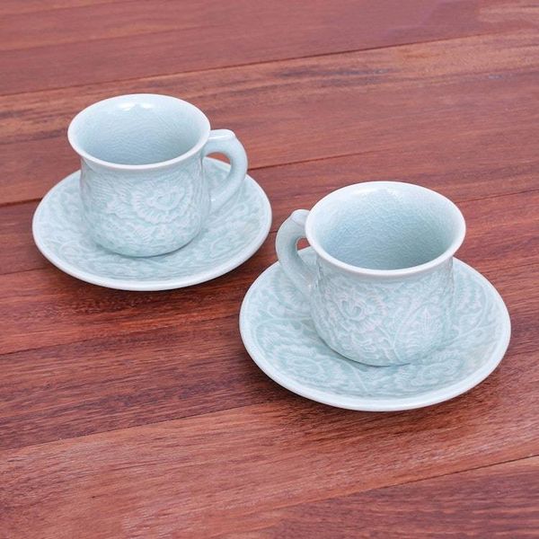 Alternate image for Celadon Ceramic Cup and Saucer Set from Thailand Pair Tea Flowers