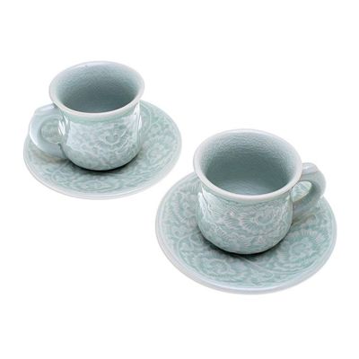 Alternate image for Celadon Ceramic Cup and Saucer Set from Thailand Pair Tea Flowers