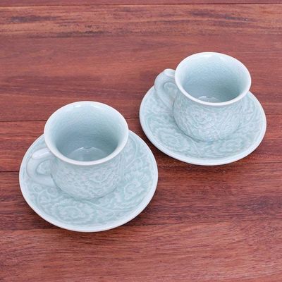 Alternate image for Celadon Ceramic Cup and Saucer Set from Thailand Pair Tea Flowers