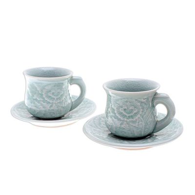 Alternate image for Celadon Ceramic Cup and Saucer Set from Thailand Pair Tea Flowers