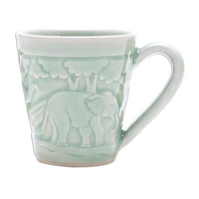 Alternate image for Elephant-Themed Celadon Ceramic Mug from Thailand Elephant Forest