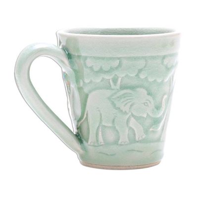 Alternate image for Elephant-Themed Celadon Ceramic Mug from Thailand Elephant Forest