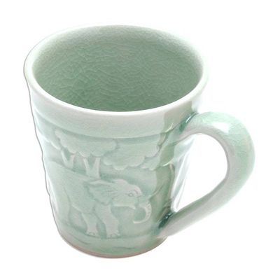 Alternate image for Elephant-Themed Celadon Ceramic Mug from Thailand Elephant Forest