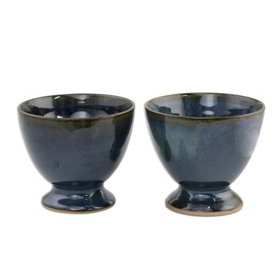 Alternate image for Indigo Blue Footed Ceramic Teacups from Thailand Pair Mood Indigo
