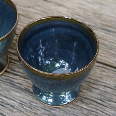 Alternate image for Indigo Blue Footed Ceramic Teacups from Thailand Pair Mood Indigo