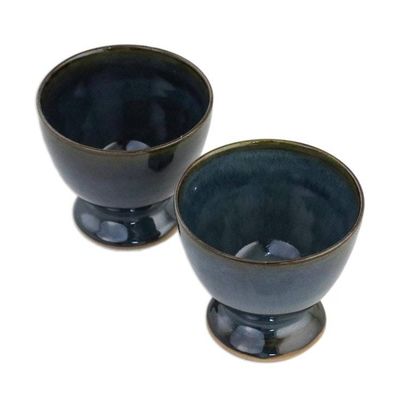 Alternate image for Indigo Blue Footed Ceramic Teacups from Thailand Pair Mood Indigo