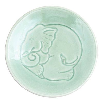 Alternate image for Elephant Motif Handcrafted Thai Celadon Ceramic Salad Plate Sleeping Elephant