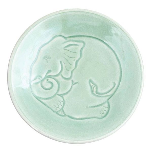 Alternate image for Elephant Motif Handcrafted Thai Celadon Ceramic Salad Plate Sleeping Elephant