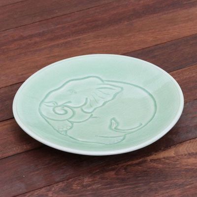 Alternate image for Elephant Motif Handcrafted Thai Celadon Ceramic Salad Plate Sleeping Elephant