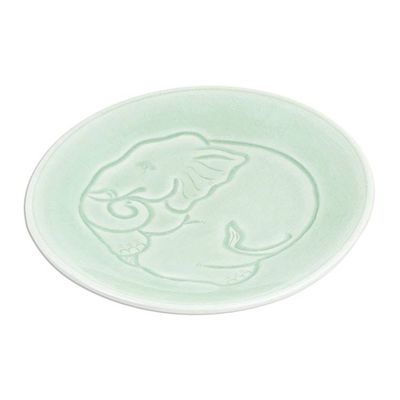 Alternate image for Elephant Motif Handcrafted Thai Celadon Ceramic Salad Plate Sleeping Elephant