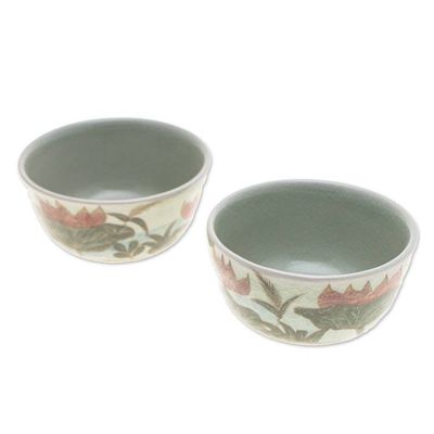 Alternate image for 2 Hand-Painted Celadon Ceramic Floral Leaf Dessert Bowls Lotus Flower Delight