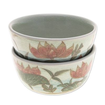 Alternate image for 2 Hand-Painted Celadon Ceramic Floral Leaf Dessert Bowls Lotus Flower Delight