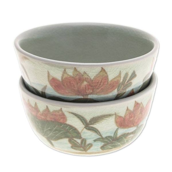 Alternate image for 2 Hand-Painted Celadon Ceramic Floral Leaf Dessert Bowls Lotus Flower Delight
