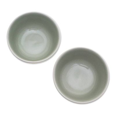 Alternate image for 2 Hand-Painted Celadon Ceramic Floral Leaf Dessert Bowls Lotus Flower Delight