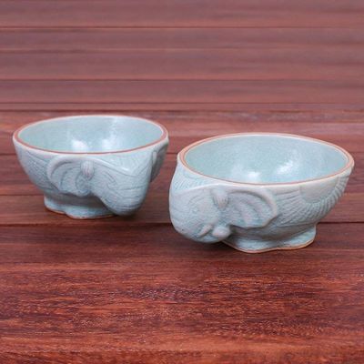 Alternate image for Aqua Elephant Motif Celadon Bowls Pair Elephant Companion in Aqua