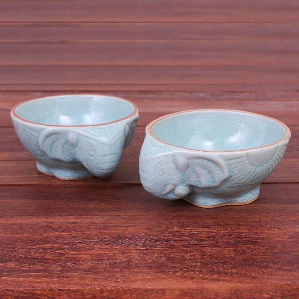 Aqua Elephant Motif Celadon Bowls Pair 'Elephant Companion in Aqua'