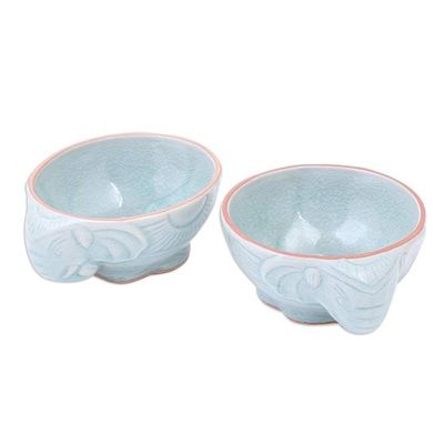 Alternate image for Aqua Elephant Motif Celadon Bowls Pair Elephant Companion in Aqua