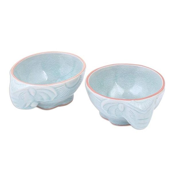 Alternate image for Aqua Elephant Motif Celadon Bowls Pair Elephant Companion in Aqua