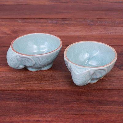 Alternate image for Aqua Elephant Motif Celadon Bowls Pair Elephant Companion in Aqua