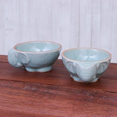 Alternate image for Aqua Elephant Motif Celadon Bowls Pair Elephant Companion in Aqua
