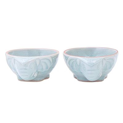 Alternate image for Aqua Elephant Motif Celadon Bowls Pair Elephant Companion in Aqua