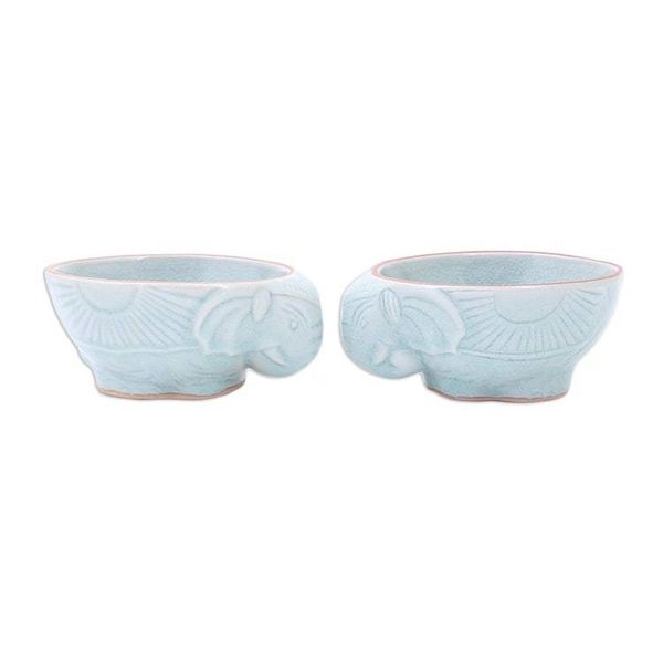 Alternate image for Aqua Elephant Motif Celadon Bowls Pair Elephant Companion in Aqua