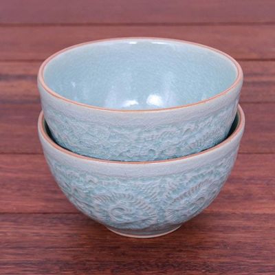 Alternate image for Hand Made Celadon Ceramic Floral Bowls Pair Antique Flora