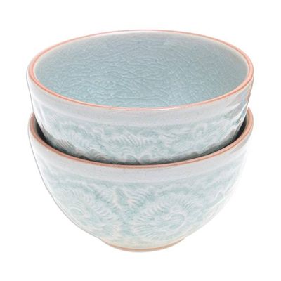 Alternate image for Hand Made Celadon Ceramic Floral Bowls Pair Antique Flora