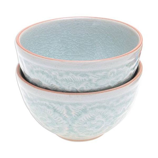 Alternate image for Hand Made Celadon Ceramic Floral Bowls Pair Antique Flora
