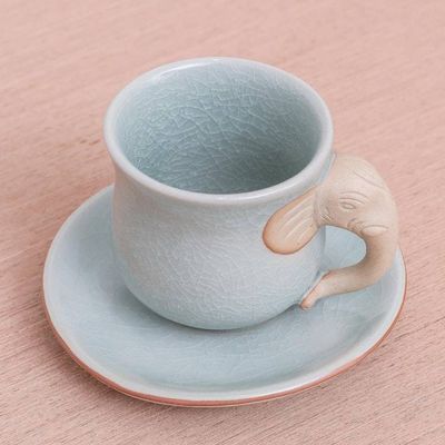 Alternate image for Aqua Celadon Cup and Saucer with Elephant Motif Elephant Gaze
