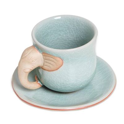 Alternate image for Aqua Celadon Cup and Saucer with Elephant Motif Elephant Gaze