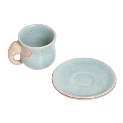 Alternate image for Aqua Celadon Cup and Saucer with Elephant Motif Elephant Gaze