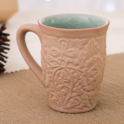 Alternate image for Ceramic Floral and Leaf Mug with Crackled Celadon Accents Thai Flora