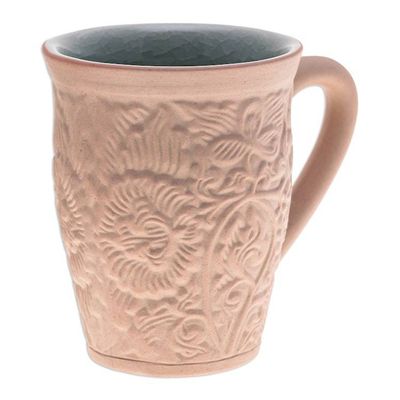 Alternate image for Ceramic Floral and Leaf Mug with Crackled Celadon Accents Thai Flora