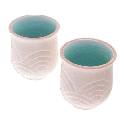 Alternate image for Hand Made Celadon Ceramic Cups from Thailand Pair Gentle Waves
