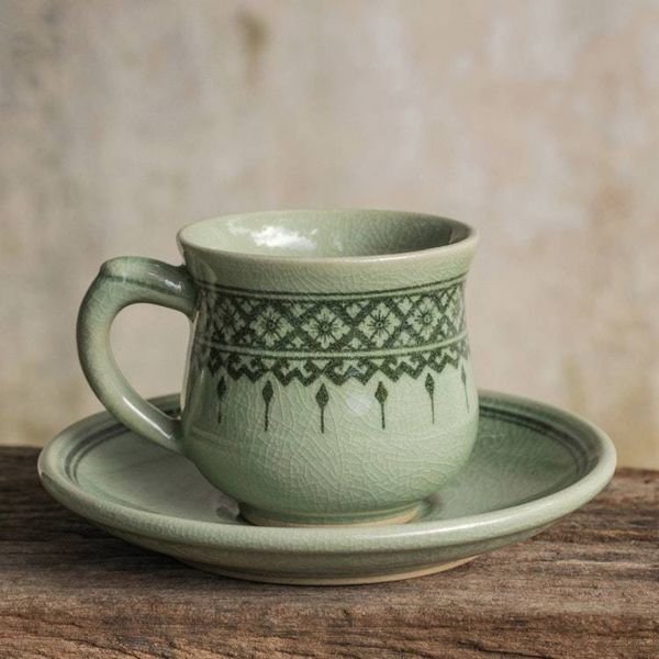 Alternate image for Thai Artisan Crafted Green Celadon Cup and Saucer Thai Weavings