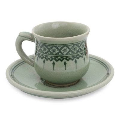 Alternate image for Thai Artisan Crafted Green Celadon Cup and Saucer Thai Weavings