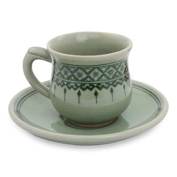 Alternate image for Thai Artisan Crafted Green Celadon Cup and Saucer Thai Weavings