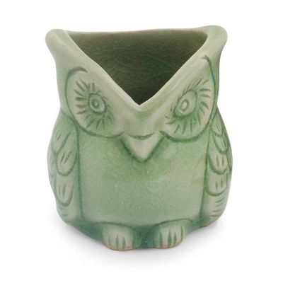 Alternate image for Handcrafted Green Thai Celadon Bird Theme Pot Happy Green Owl