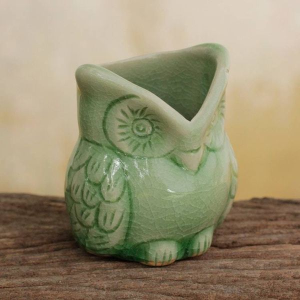 Alternate image for Handcrafted Green Thai Celadon Bird Theme Pot Happy Green Owl