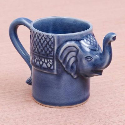 Alternate image for Blue Celadon Ceramic Elephant Mug Elephant Essence in Indigo