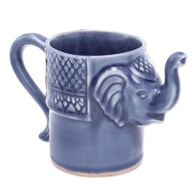 Alternate image for Blue Celadon Ceramic Elephant Mug Elephant Essence in Indigo