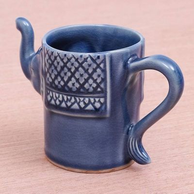 Alternate image for Blue Celadon Ceramic Elephant Mug Elephant Essence in Indigo