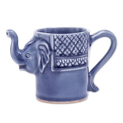 Alternate image for Blue Celadon Ceramic Elephant Mug Elephant Essence in Indigo
