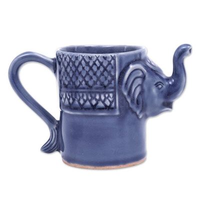 Alternate image for Blue Celadon Ceramic Elephant Mug Elephant Essence in Indigo