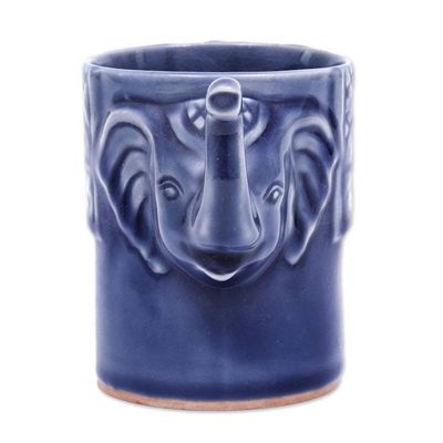 Alternate image for Blue Celadon Ceramic Elephant Mug Elephant Essence in Indigo