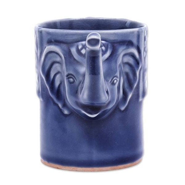 Alternate image for Blue Celadon Ceramic Elephant Mug Elephant Essence in Indigo