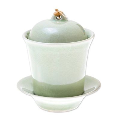 Alternate image for Handcrafted Celadon Green Ceramic Soup Cup Lid Saucer Set Cup of Comfort in Green